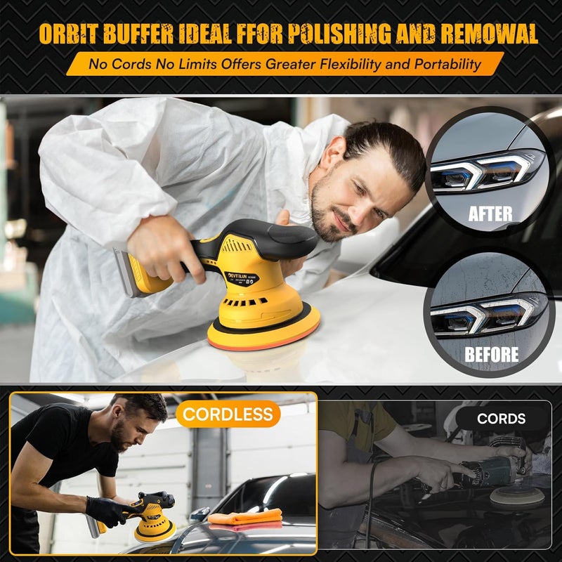 DEVTBLUN Cordless Car Buffer Polisher Kit for Dewalt 20V Battery(NO Battery),6 In Brushless Dual Action Random Polishing Machine , 8 Variable Speed 5500RPM, Orbital Polisher for Car Detailing,14Pcs Accessories - Image 5